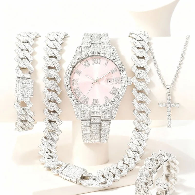 Men's Bling Jewelry Set: Iced Out Watch + Cuban Link Chain + Cross Pendant Necklace + 2 Bracelets, 5Pcs Hip Hop Set
Men's Bling Jewelry Set: Iced Out Watch + Cuban Link Chain + Cross Pendant Necklace + 2 Bracelets, 5Pcs Hip Hop Set