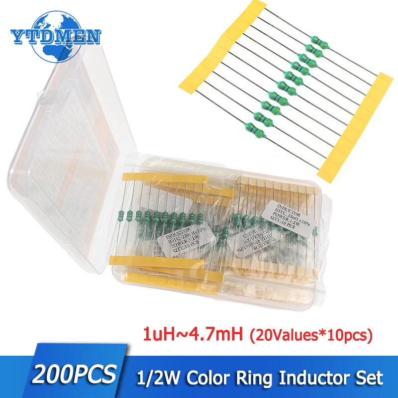 200pcs/box 1/2W Inductor Assortment Kit 0.5W Color Ring Inductance 1UH-4.7MH 20values*10pcs Inductors Set
200pcs/box 1/2W Inductor Assortment Kit 0.5W Color Ring Inductance 1UH-4.7MH 20values*10pcs Inductors Set
