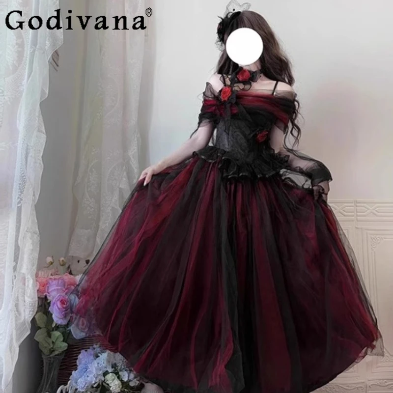 Gothic Red and Black Lolita Strapless Dress Jsk Women's Lace Mesh Birthday Party Dress Women's Sweet Cool Slim Long Dresses
Gothic Red and Black Lolita Strapless Dress Jsk Women's Lace Mesh Birthday Party Dress Women's Sweet Cool Slim Long Dresses