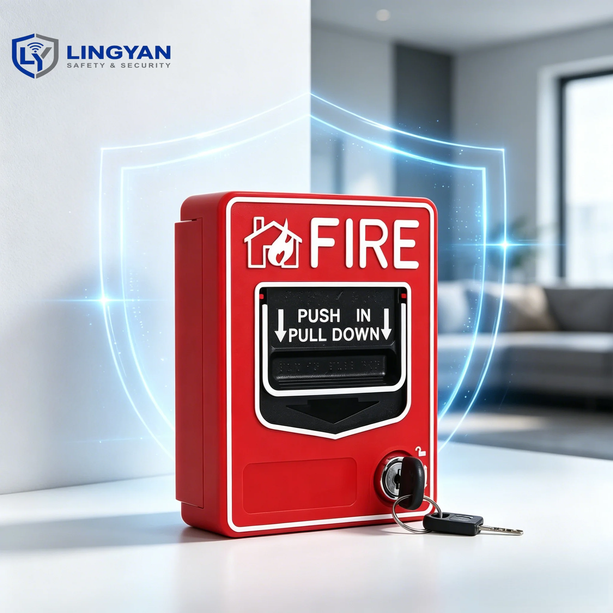 Resettable Fire Alarm Button, wired 24V conventional model, pull down station with key for public premises
Resettable Fire Alarm Button, wired 24V conventional model, pull down station with key for public premises