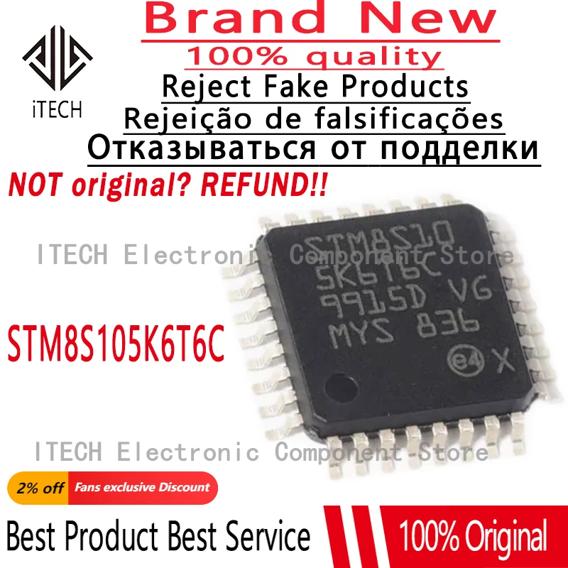 5 шт./партия, оригинальный микроконтроллер STM8S105K6T6C, флэш-память 16 МГц 32 КБ, 8 бит, 100% новый и подлинный
5 шт./партия, оригинальный микроконтроллер STM8S105K6T6C, флэш-память 16 МГц 32 КБ, 8 бит, 100% новый и подлинный