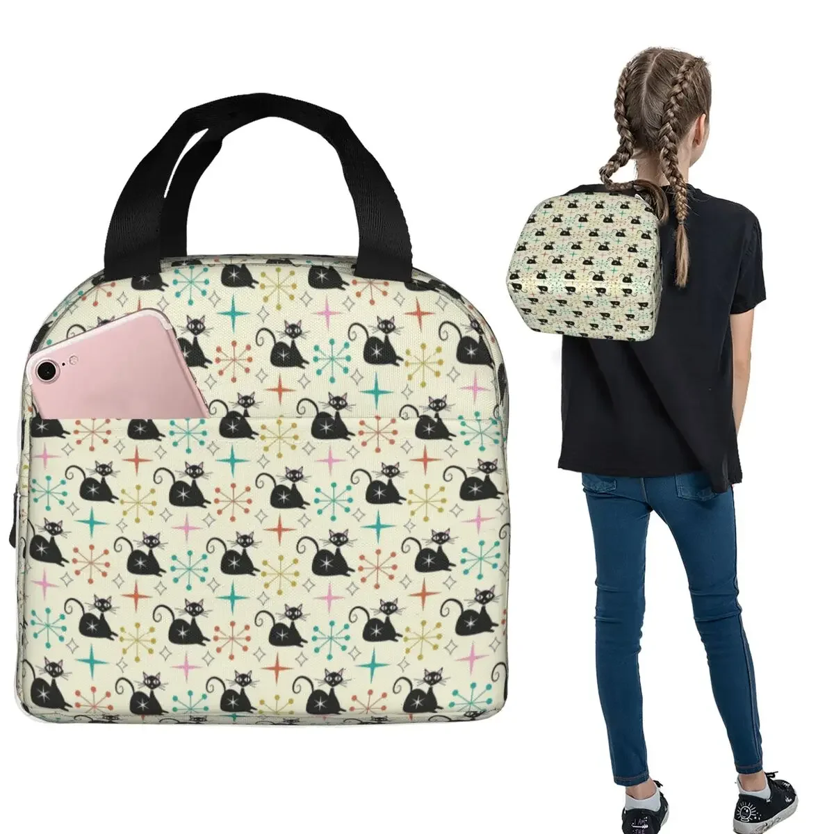 Mid Century Black Atomic Cat With Starbursts Insulated Lunch Bag for Women Children Portable Food Boxes Thermal Lunch Box Tote
Mid Century Black Atomic Cat With Starbursts Insulated Lunch Bag for Women Children Portable Food Boxes Thermal Lunch Box Tote