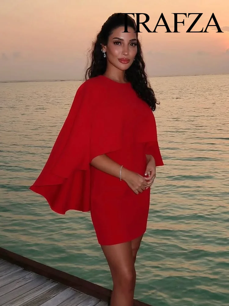TRAFZA Women's Red Sexy Round Neck Series Cape Short Sleeveless Dress Female Elegant Single-Piece Button Side Zipper Slim Dress
TRAFZA Women's Red Sexy Round Neck Series Cape Short Sleeveless Dress Female Elegant Single-Piece Button Side Zipper Slim Dress