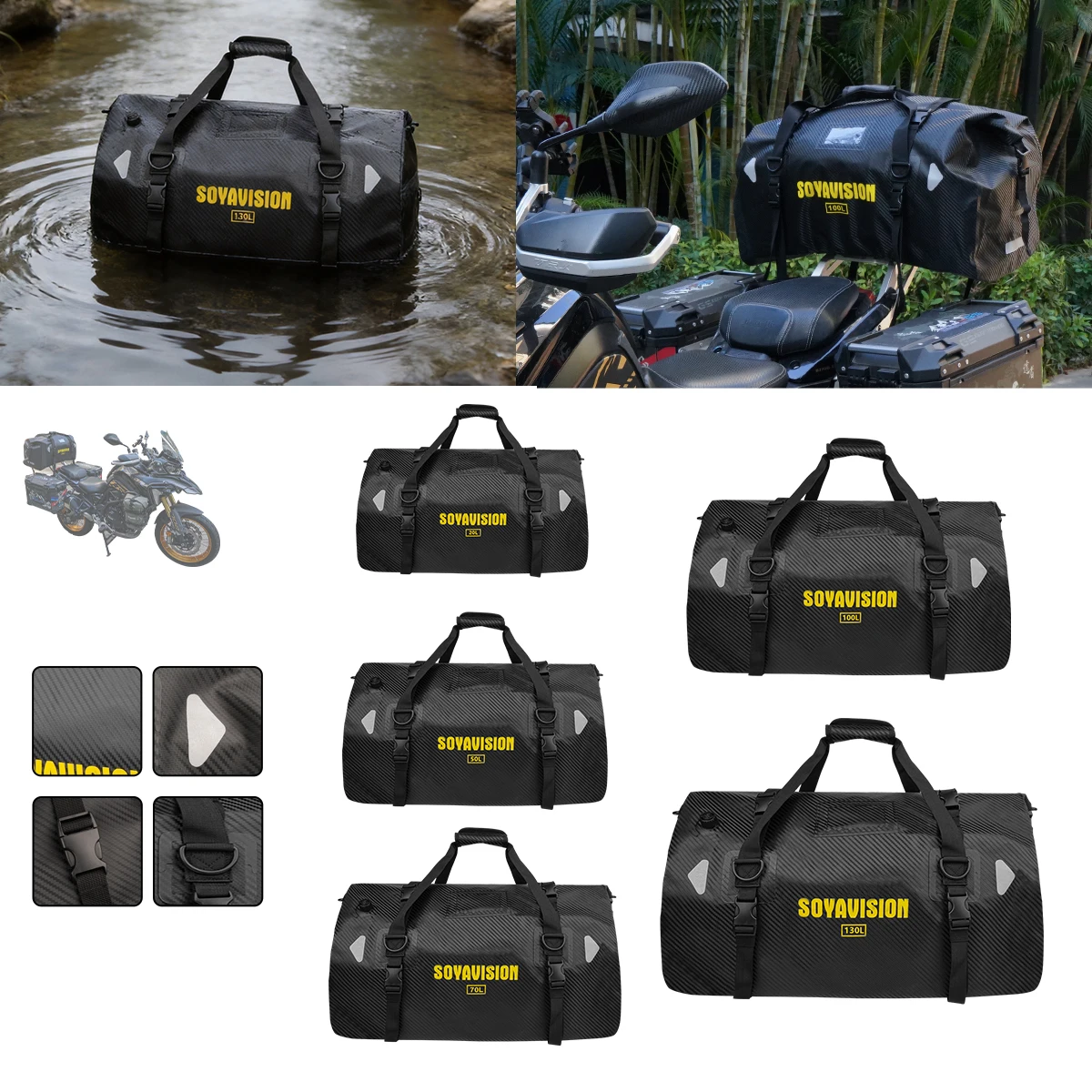 SOYAVISION Motorcycle Waterproof Tail Bag Travel Outdoor Dry Luggage Roll Pack Bag 20L 50L 70L 80L 100L 130L Motorcycle Seat Bag
SOYAVISION Motorcycle Waterproof Tail Bag Travel Outdoor Dry Luggage Roll Pack Bag 20L 50L 70L 80L 100L 130L Motorcycle Seat Bag