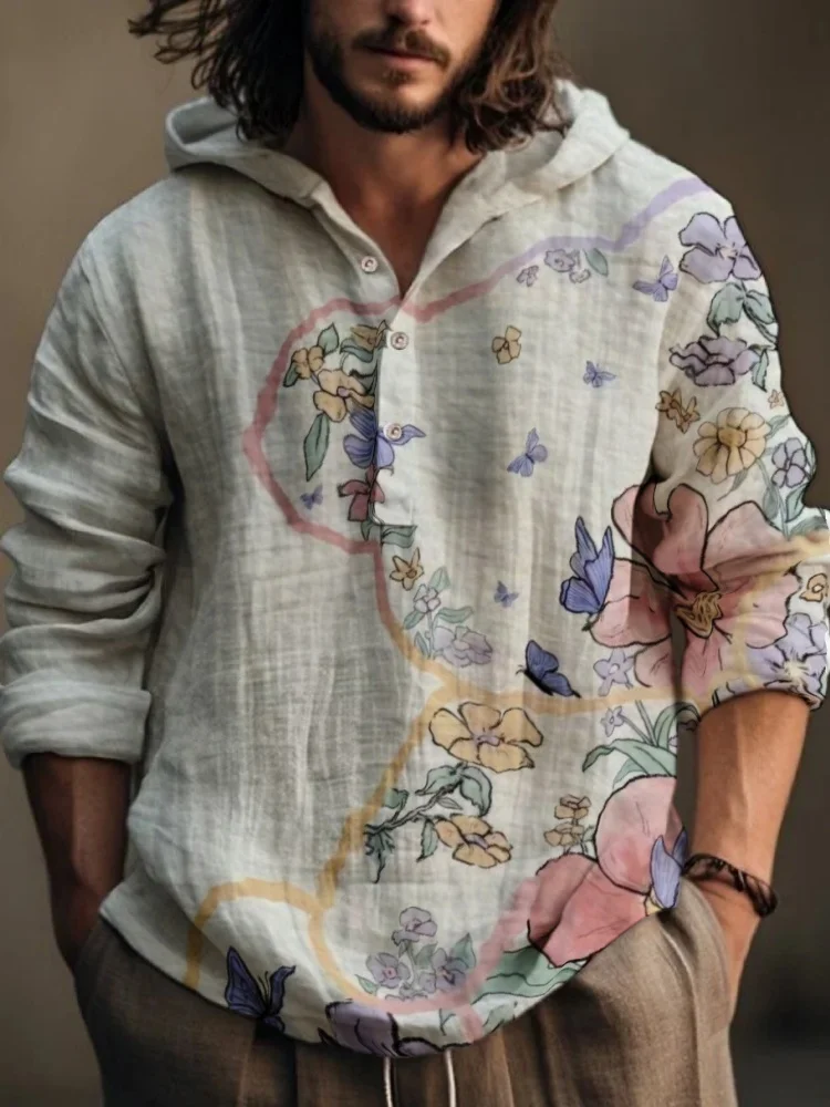 Men's Hooded Henley Shirt Plus Size Watercolor Floral & Butterfly Print Long Sleeve Top Breathable Lightweight Bohemian Art Tops
Men's Hooded Henley Shirt Plus Size Watercolor Floral & Butterfly Print Long Sleeve Top Breathable Lightweight Bohemian Art Tops