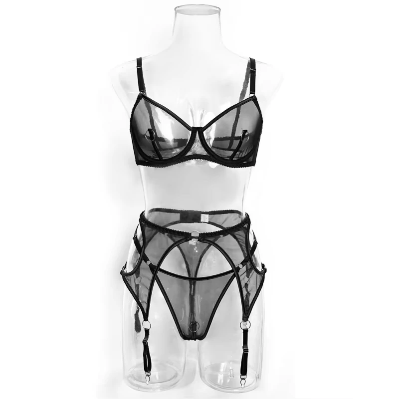 Bikini mesh bra swimsuit set with color matching nipple rings, high elasticity, sexy lingerie three-piece set
Bikini mesh bra swimsuit set with color matching nipple rings, high elasticity, sexy lingerie three-piece set
