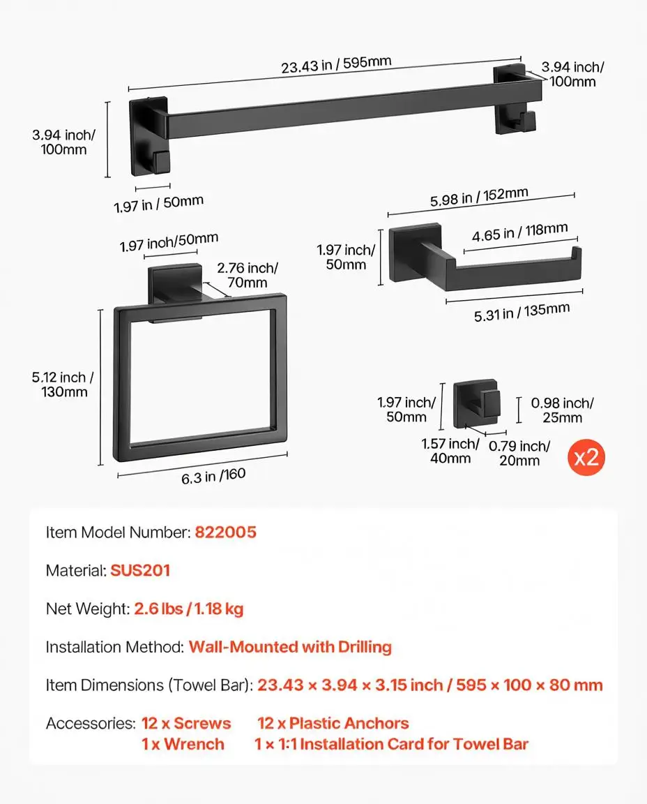 Matte Black Bathroom Hardware Set, 5 Pieces Stainless Steel Bathroom Accessories Set, 24-inch Towel Bar, Towel Rack, 2 Robe T
Matte Black Bathroom Hardware Set, 5 Pieces Stainless Steel Bathroom Accessories Set, 24-inch Towel Bar, Towel Rack, 2 Robe T