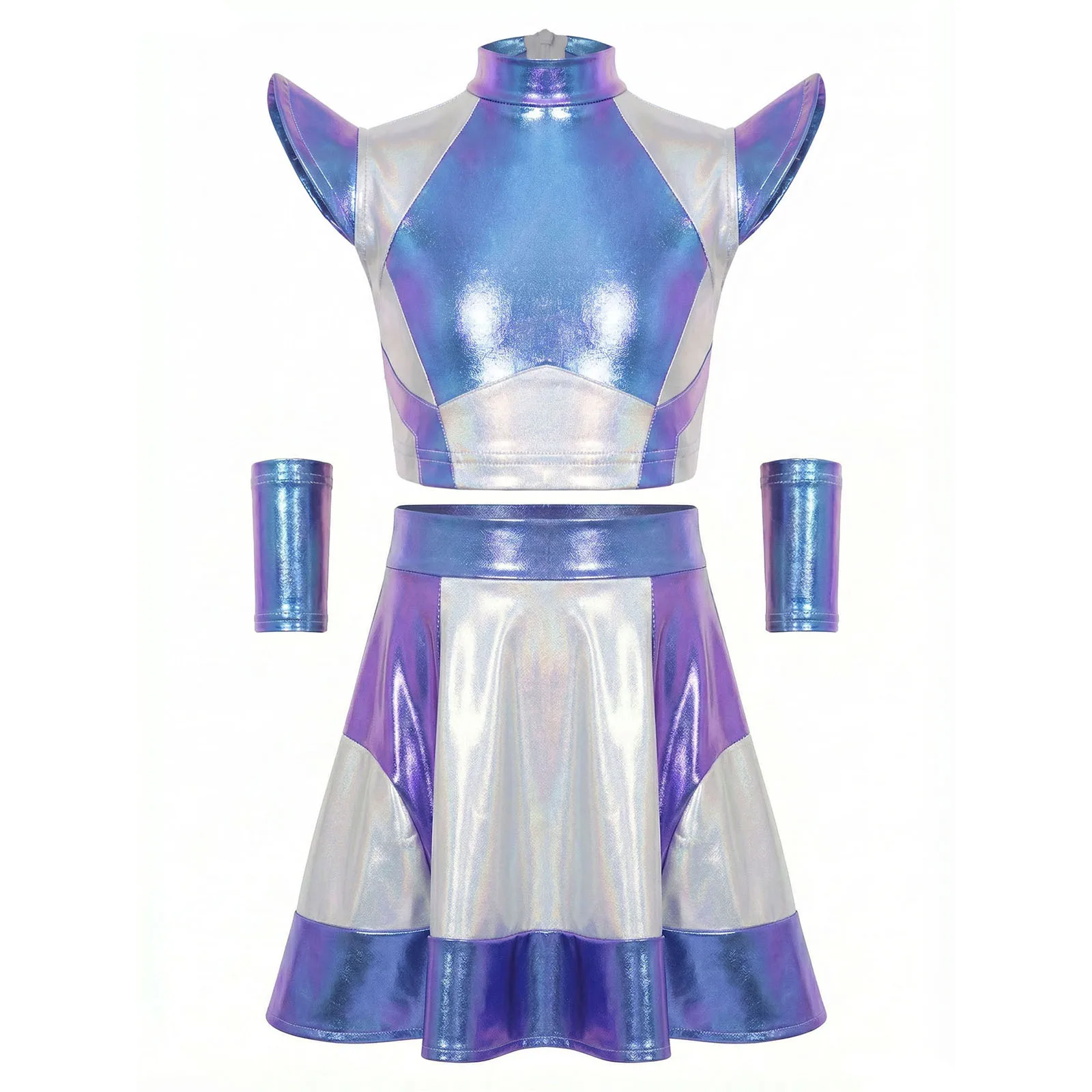Girls Outer Space Halloween Costume Glossy Metallic Color Block Cap Sleeve Crop Top Skirt and Oversleeves for Alien Role Play
Girls Outer Space Halloween Costume Glossy Metallic Color Block Cap Sleeve Crop Top Skirt and Oversleeves for Alien Role Play