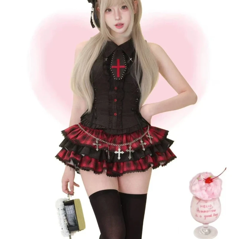 Women's 2 Piece Set Gothic Hottie Subculture Vintage Black Sleeveless Y2k Tops + Elastic Plaid Skirt Fashion Female Chic Outfits
Women's 2 Piece Set Gothic Hottie Subculture Vintage Black Sleeveless Y2k Tops + Elastic Plaid Skirt Fashion Female Chic Outfits