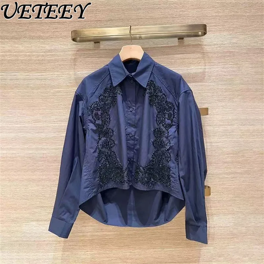 French Niche 2026 Spring New Beaded Embroidered Embellished Dark Blue Polo Collar Long Sleeves Shirt Loose Slimming Solid Blouse
French Niche 2026 Spring New Beaded Embroidered Embellished Dark Blue Polo Collar Long Sleeves Shirt Loose Slimming Solid Blouse