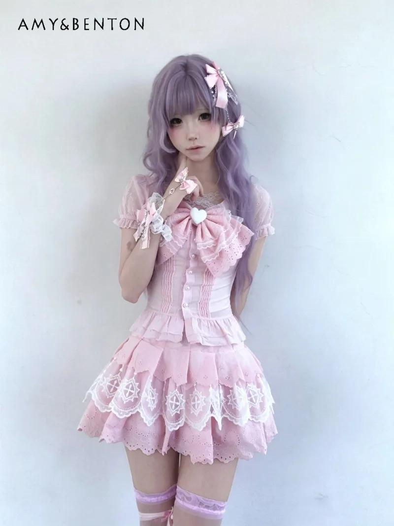 Japanese Sweet Girl Lace Printed Bow Bubble Sleeve Top Multi-layer Tutu Skirt Two-piece Set Women Summer New Lolita Pink Suit
Japanese Sweet Girl Lace Printed Bow Bubble Sleeve Top Multi-layer Tutu Skirt Two-piece Set Women Summer New Lolita Pink Suit
