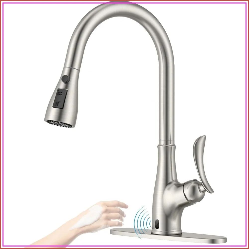 Touchless Kitchen Faucet with Pull Down Sprayer, Motion Sensor Hands Free Single Handle, 3 Modes Sprayer, Brushed Nickel, 1 or 3 Holes Compatible
Touchless Kitchen Faucet with Pull Down Sprayer, Motion Sensor Hands Free Single Handle, 3 Modes Sprayer, Brushed Nickel, 1 or 3 Holes Compatible
