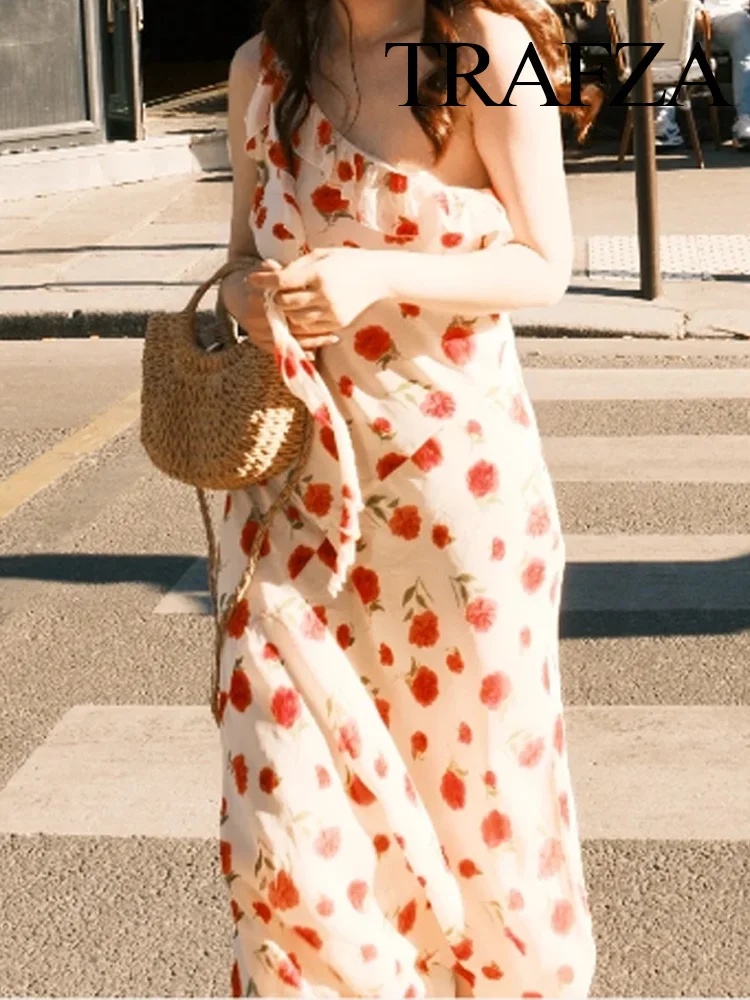 TRAFZA 2025 Women Summer Side Zipper Long Dress Sleeveless Women Fashion Inclined Shoulder Ribbon Rose Print Temperament Dresses
TRAFZA 2025 Women Summer Side Zipper Long Dress Sleeveless Women Fashion Inclined Shoulder Ribbon Rose Print Temperament Dresses