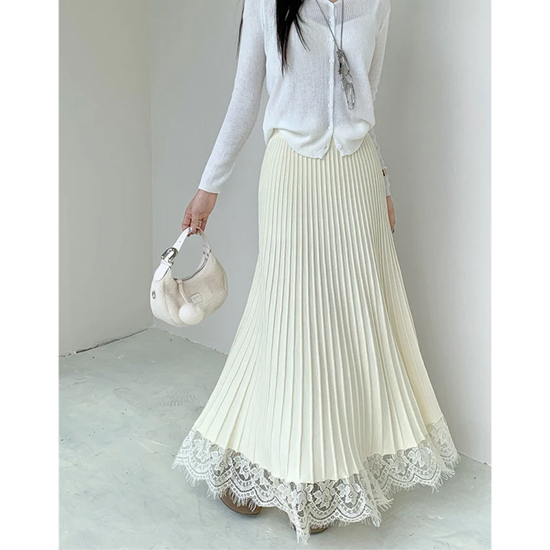 Elegant Knitted Midi Skirt Women Fashion Lace Patchwork Black Pleated Skirts Winter Ladies Korean High Waist A Line Faldas New
Elegant Knitted Midi Skirt Women Fashion Lace Patchwork Black Pleated Skirts Winter Ladies Korean High Waist A Line Faldas New