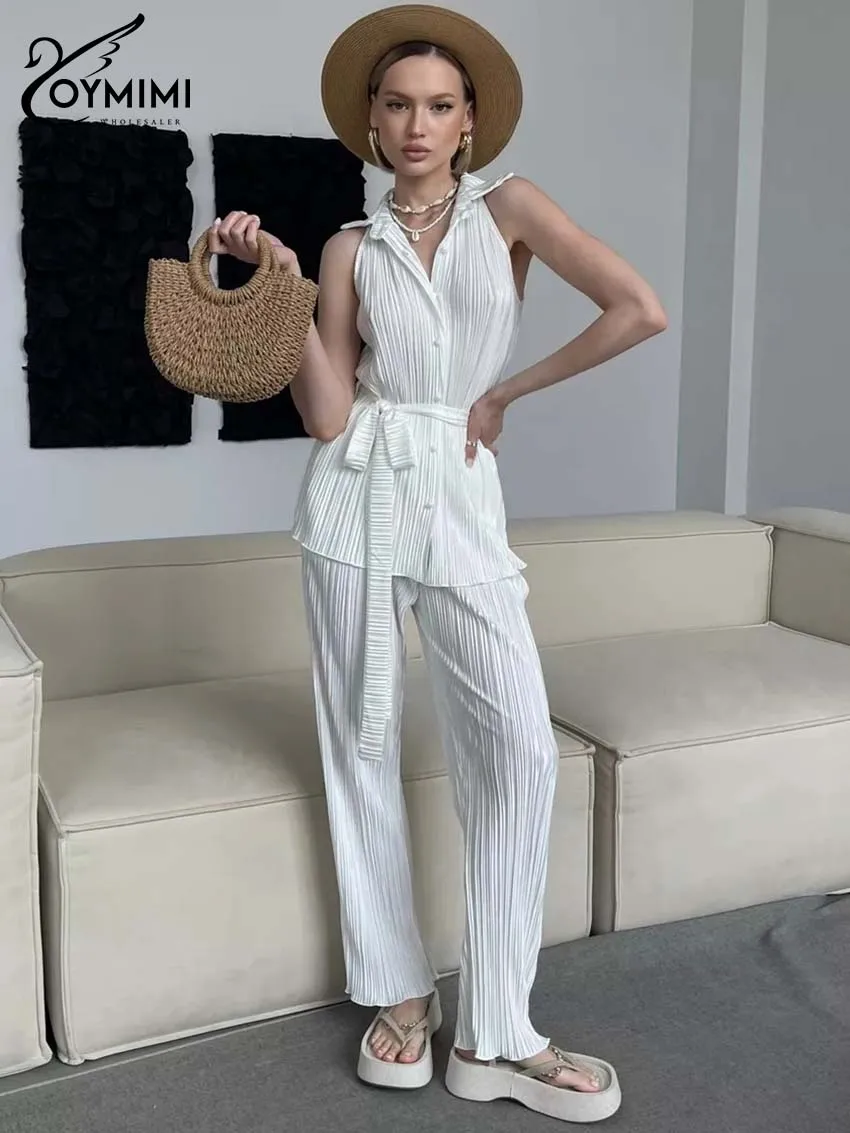 Oymimi Elegant White Pleated Woman Two Piece Set Fashion Lapel Sleeveless Button Lace-Up Shirts And Simple Straight Pants Sets
Oymimi Elegant White Pleated Woman Two Piece Set Fashion Lapel Sleeveless Button Lace-Up Shirts And Simple Straight Pants Sets