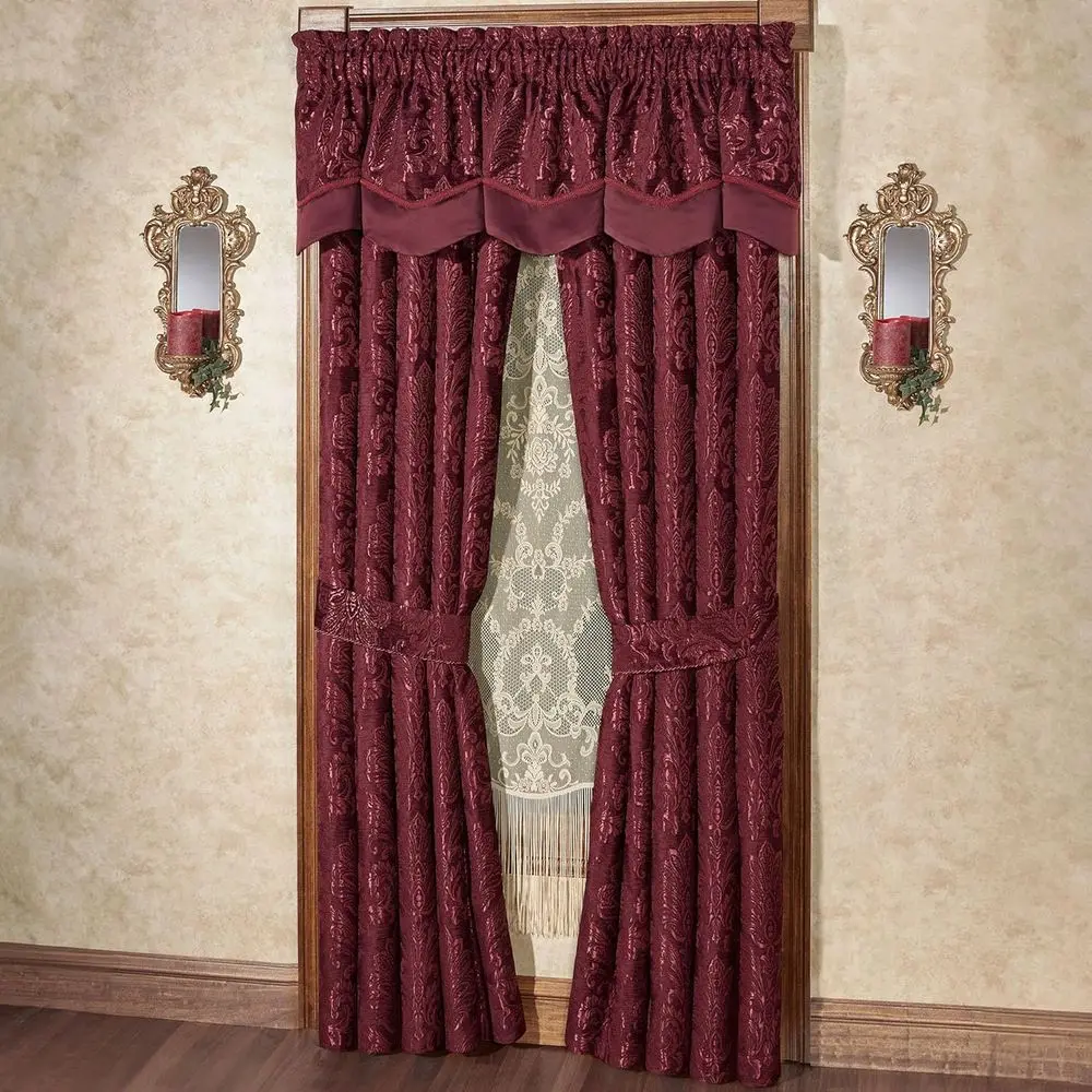 Luxury Matte Satin Damask Drapery Set with Scalloped Valance and 84 Curtain Pair on Textured Chenille
Luxury Matte Satin Damask Drapery Set with Scalloped Valance and 84 Curtain Pair on Textured Chenille