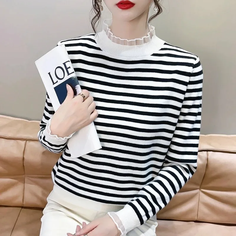 Полосатая дизайнерская трикотажная нижняя рубашка для женщин на осень и зиму, новый внутренний свитер, полуводолазка, кружевной топ с длинными рукавами
Полосатая дизайнерская трикотажная нижняя рубашка для женщин на осень и зиму, новый внутренний свитер, полуводолазка, кружевной топ с длинными рукавами