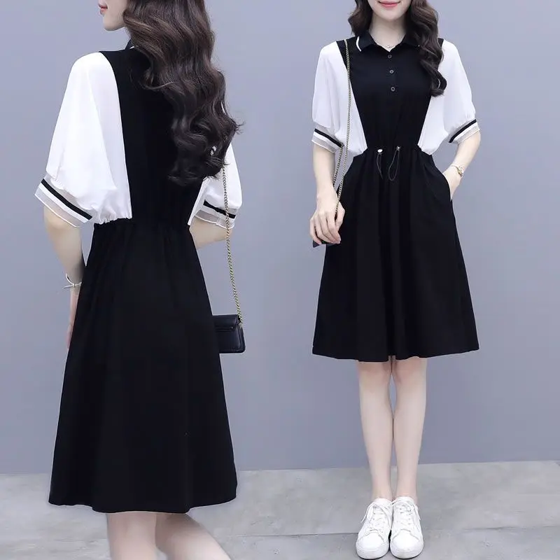 Basic Fake Two Pieces Patchwork Dresses Female Clothing Casual Polo-Neck Button Summer A-Line Chic Drawstring Waist Midi Dress
Basic Fake Two Pieces Patchwork Dresses Female Clothing Casual Polo-Neck Button Summer A-Line Chic Drawstring Waist Midi Dress
