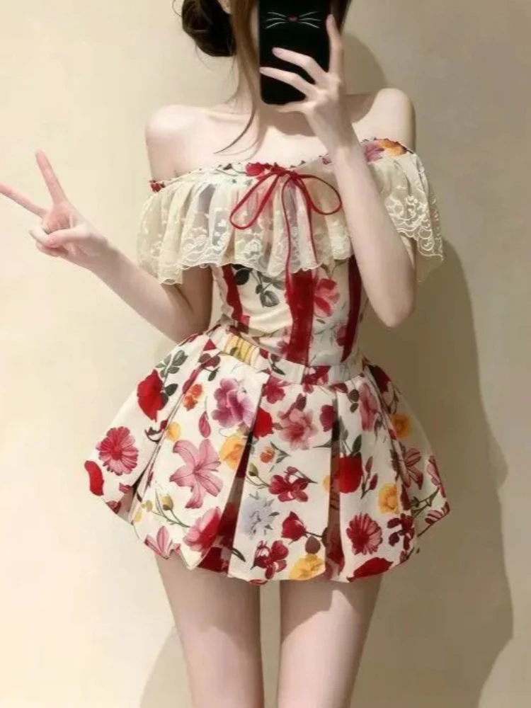 French Floral Print Two Piece Set Off Shoulder Lace Ruffle Bow Slim Fit Crop Top Bubble Mini Skirt Women Sexy Summer Party Wear
French Floral Print Two Piece Set Off Shoulder Lace Ruffle Bow Slim Fit Crop Top Bubble Mini Skirt Women Sexy Summer Party Wear