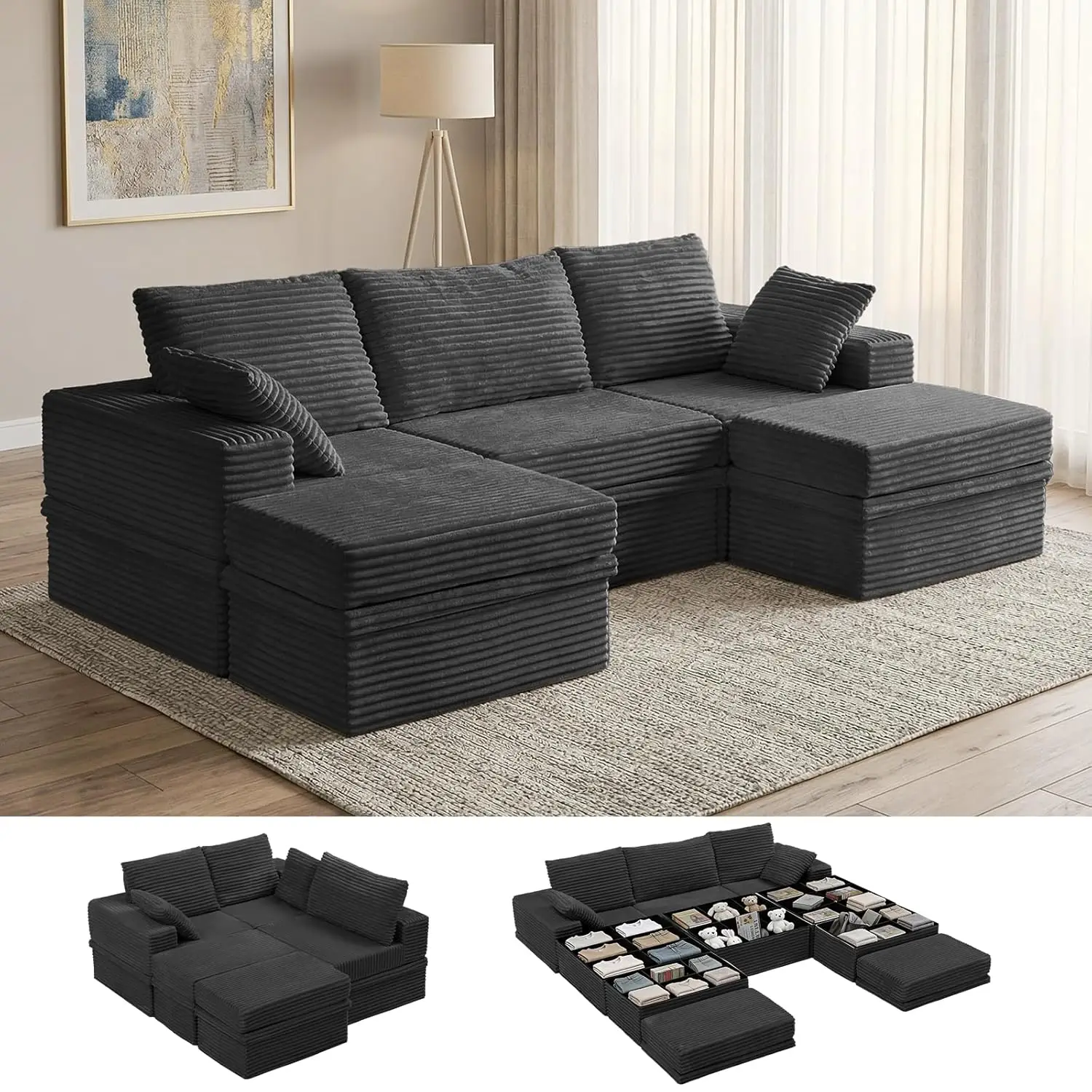 107" Modular Sectional Sofa with Storage, 5-Seater High Density Foam Boneless Couch with Ottoman, 27" Deep Corduroy, Custom
107" Modular Sectional Sofa with Storage, 5-Seater High Density Foam Boneless Couch with Ottoman, 27" Deep Corduroy, Custom