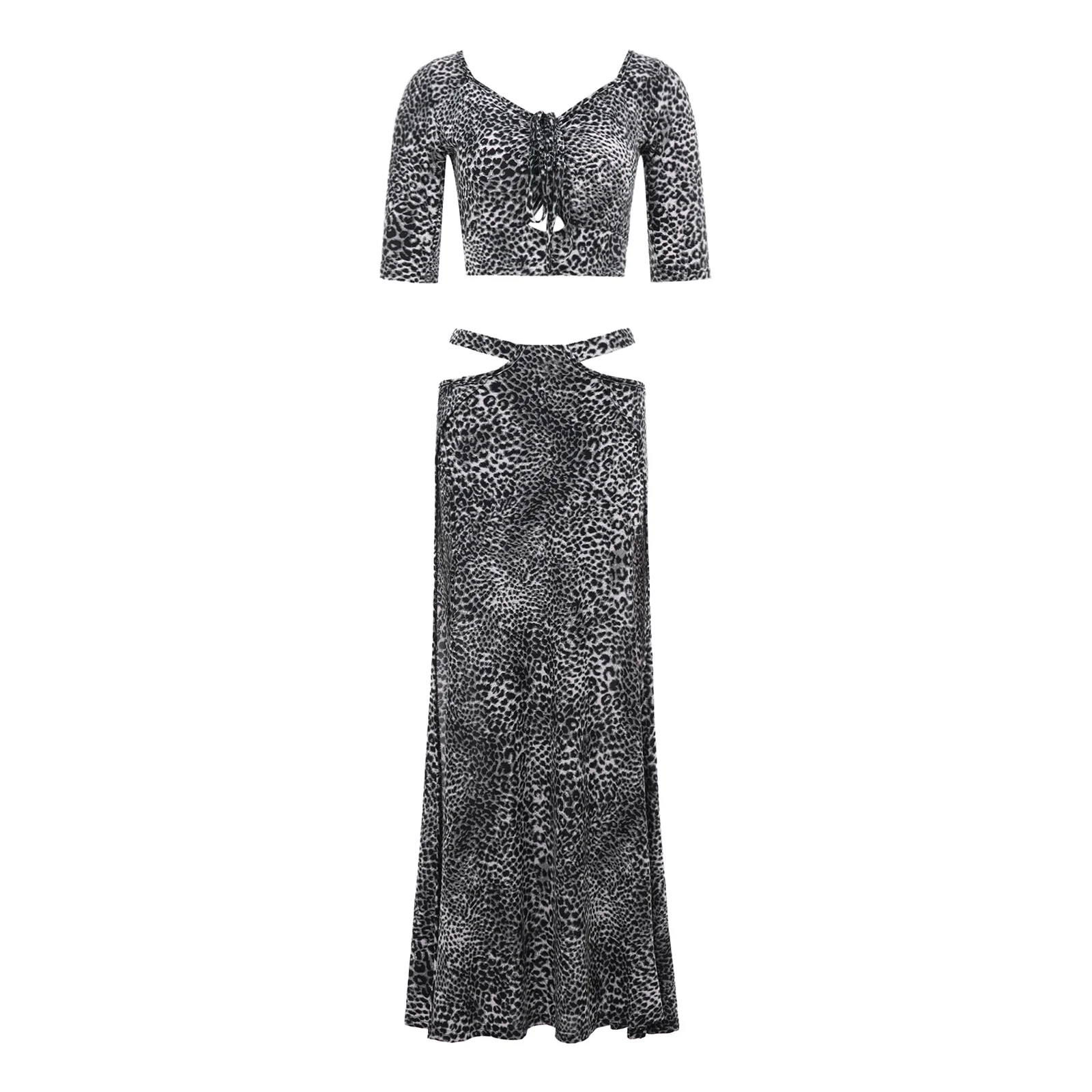 Womens Belly Dance Leopard Printed Dress Set Hollow Half Sleeve Front Drawstring Crop Top and Cutout Waist Split Hem Skirt
Womens Belly Dance Leopard Printed Dress Set Hollow Half Sleeve Front Drawstring Crop Top and Cutout Waist Split Hem Skirt