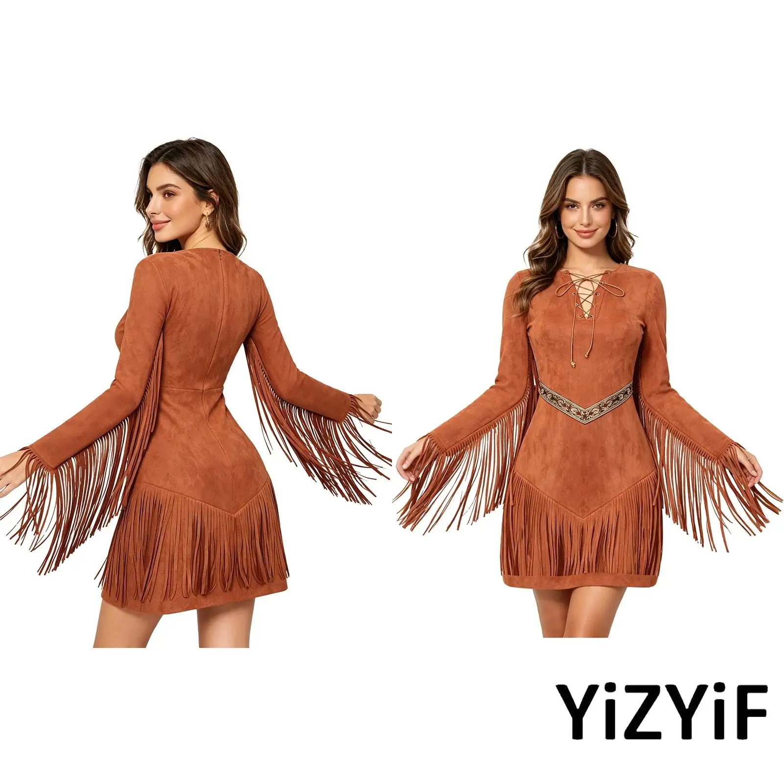 Primitive Tribal Fringed Dress for Women Long Sleeve Tassel Lace Up Placket Retro Brocade Caveman Costume for Halloween Party
Primitive Tribal Fringed Dress for Women Long Sleeve Tassel Lace Up Placket Retro Brocade Caveman Costume for Halloween Party