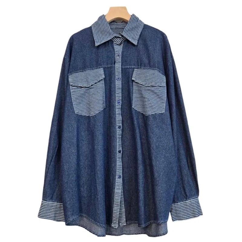 Korean Loose Contrasting Color Striped Patchwork Denim Shirt Jacket Dark Blue Light Blue Lapel Long Sleeve Female Jeans Jacket
Korean Loose Contrasting Color Striped Patchwork Denim Shirt Jacket Dark Blue Light Blue Lapel Long Sleeve Female Jeans Jacket