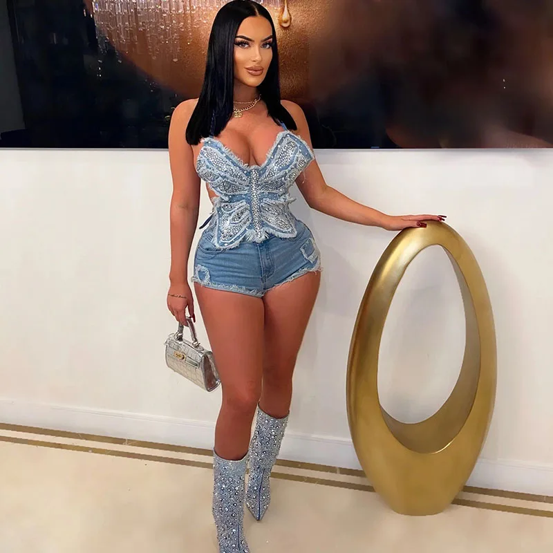 Glitter Diamond Rhinestone Denim Short Sets Women Birthday Outfits Butterfly Halter Crop Top + Shorts Sets Womens 2 Piece Summer
Glitter Diamond Rhinestone Denim Short Sets Women Birthday Outfits Butterfly Halter Crop Top + Shorts Sets Womens 2 Piece Summer