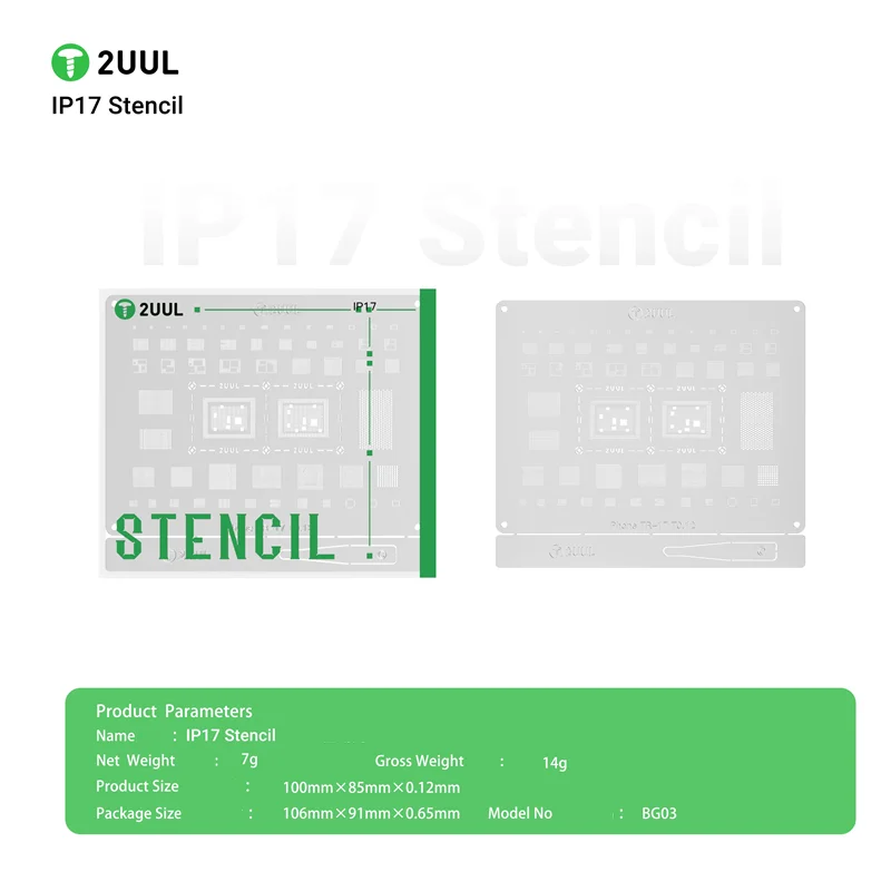 2UUL BG03 BGA Reballing Stencil Platform - Middle Layer Repair Tool Kit for iP 17 Series Mobile Repair Tin Planting Stencil
2UUL BG03 BGA Reballing Stencil Platform - Middle Layer Repair Tool Kit for iP 17 Series Mobile Repair Tin Planting Stencil