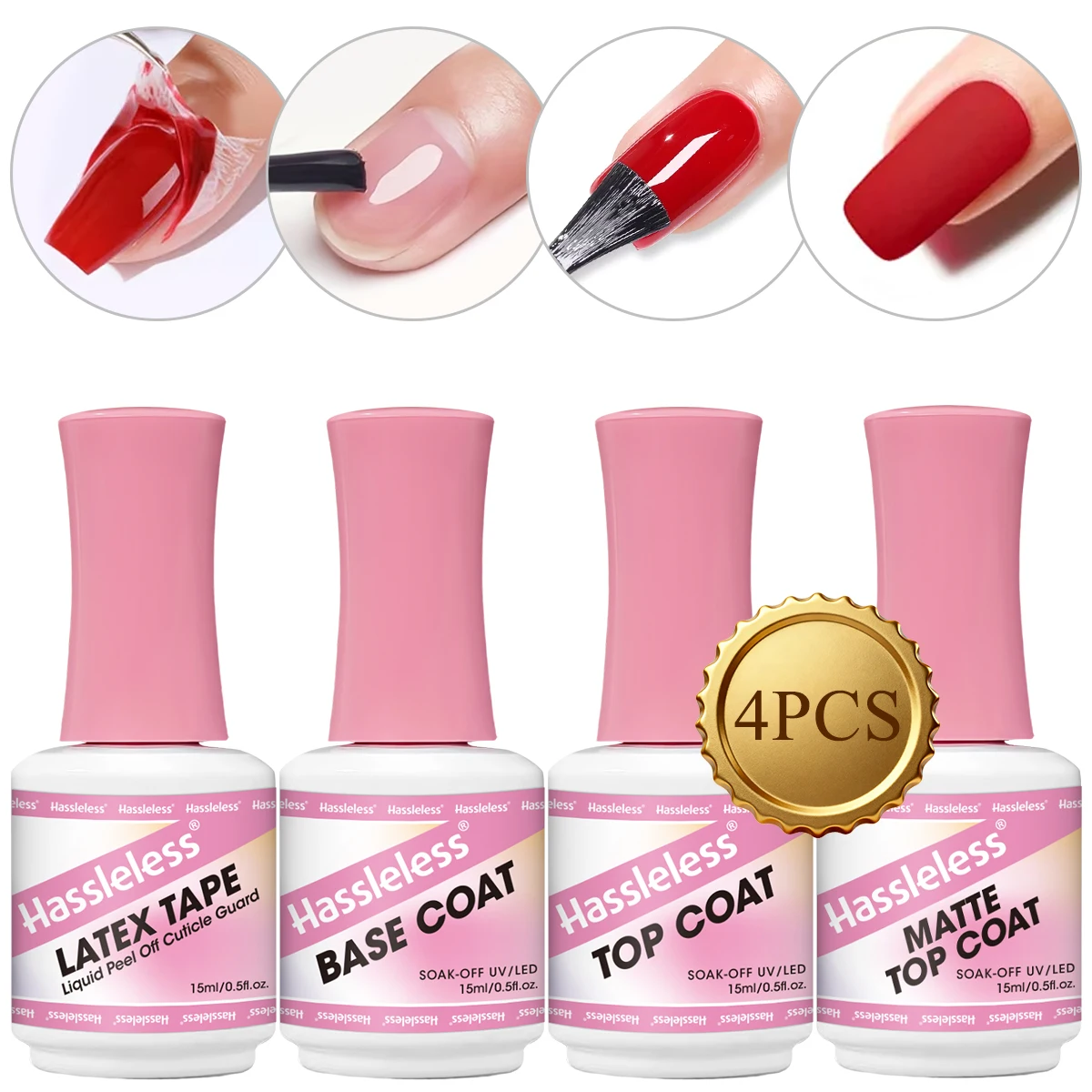 Hassleless Four-Piece Gel Nail Polish Set: Nail Polish Anti-Overflow Gel + Base Coat + Top Coat + Matte Top Coat Set - Long-Lasting Glossy/Matte Effect, 15ml Each, Led Light-Curable Nail Polish, Nail Art Gift, Glass Bottle Packaging, Protects Nail Edges,
Hassleless Four-Piece Gel Nail Polish Set: Nail Polish Anti-Overflow Gel + Base Coat + Top Coat + Matte Top Coat Set - Long-Lasting Glossy/Matte Effect, 15ml Each, Led Light-Curable Nail Polish, Nail Art Gift, Glass Bottle Packaging, Protects Nail Edges,