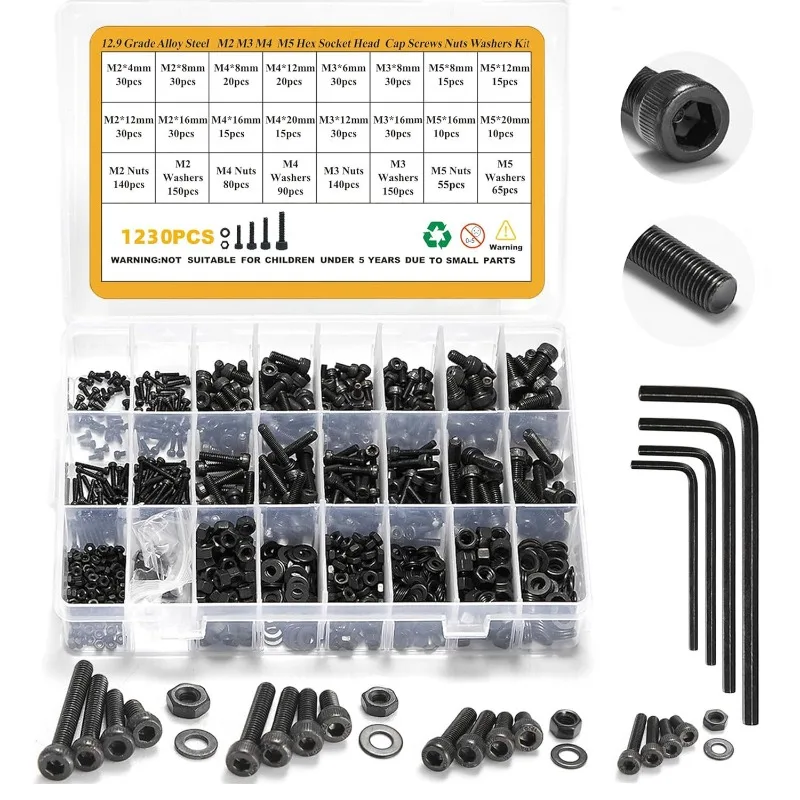 BIESUO 1230pcs Cylindrical Head Hexagon Socket Screw and Nut Flat Washer Screw Set in Box M2M3M4M5
BIESUO 1230pcs Cylindrical Head Hexagon Socket Screw and Nut Flat Washer Screw Set in Box M2M3M4M5