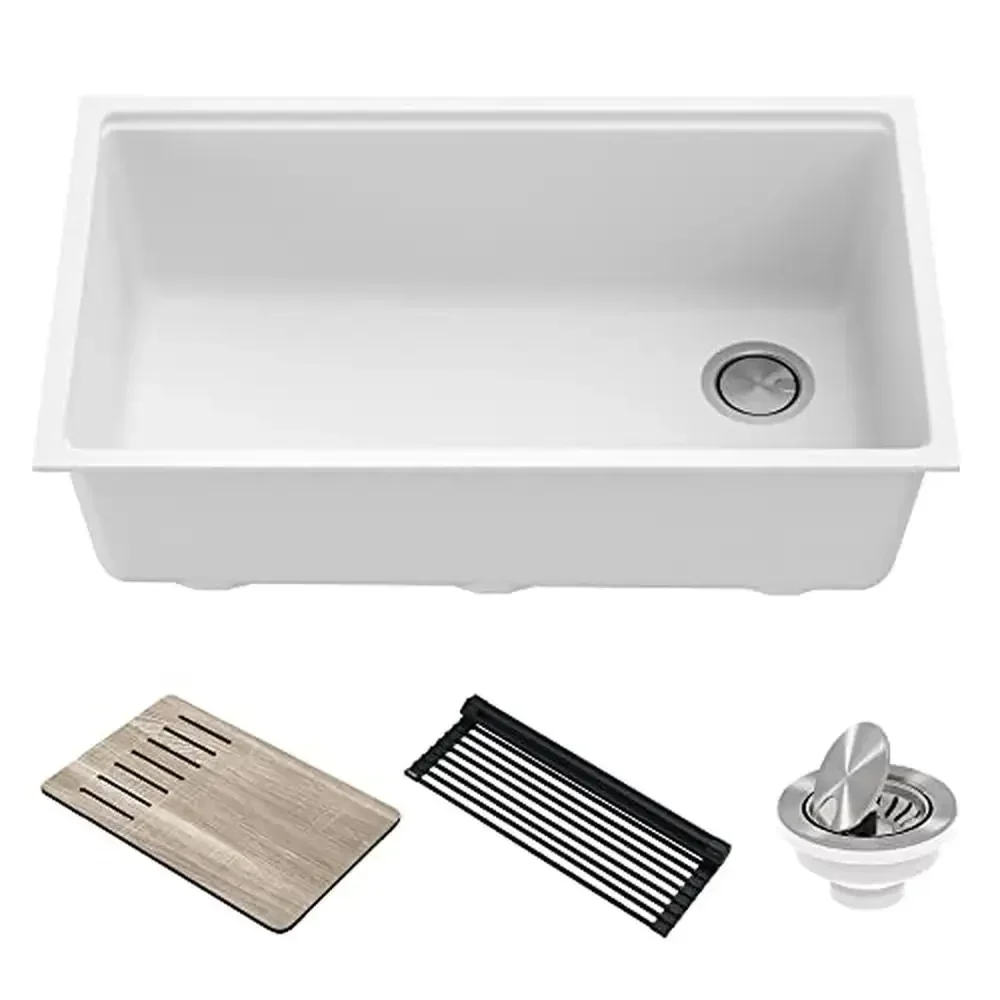 Undermount Granite Kitchen Sink Workstation 32" White Accessories Cutting Board Rack Drain Assembly KGUW1-33WH Cool Heat Safe
Undermount Granite Kitchen Sink Workstation 32" White Accessories Cutting Board Rack Drain Assembly KGUW1-33WH Cool Heat Safe