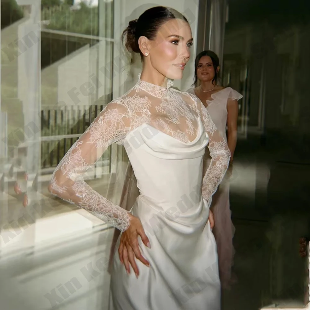 Gorgeous Women's Lace High Neck Bridal Gown Satin A-line Elegant Princess Wedding Dress Formal Party Bride Dress Customized Robe
Gorgeous Women's Lace High Neck Bridal Gown Satin A-line Elegant Princess Wedding Dress Formal Party Bride Dress Customized Robe