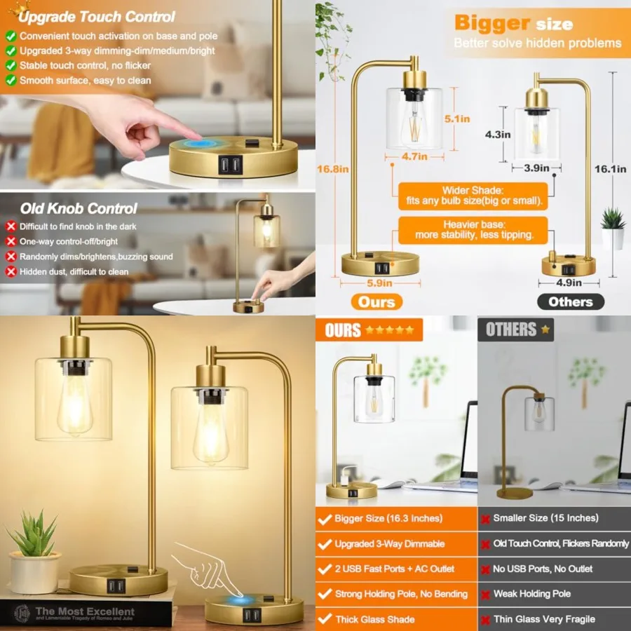Industrial Touch Table Lamps Set of 2-2 USB Ports and AC Outlet Nightstand Lamps, 3-Way Dimmable Bedside Desk Lamp for Living R
Industrial Touch Table Lamps Set of 2-2 USB Ports and AC Outlet Nightstand Lamps, 3-Way Dimmable Bedside Desk Lamp for Living R