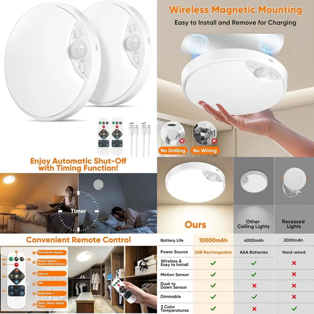10000mAh Dual Pack Motion Sensor LED Ceiling Lights, Battery-Powered, Wireless for Closets, Showers, and Hallways, 3 Color Optio
10000mAh Dual Pack Motion Sensor LED Ceiling Lights, Battery-Powered, Wireless for Closets, Showers, and Hallways, 3 Color Optio
