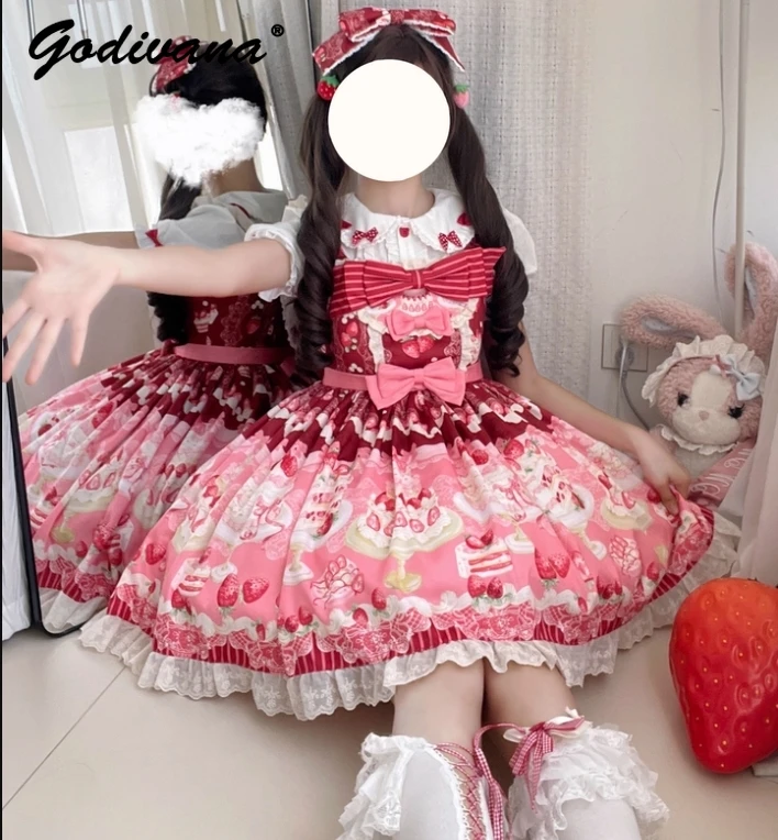 New Spring Girls Sweet Strawberry Cake Lolita Dress Pink Print Cute Bow Lolita Collection Women's Lo Jsk Dresses
New Spring Girls Sweet Strawberry Cake Lolita Dress Pink Print Cute Bow Lolita Collection Women's Lo Jsk Dresses