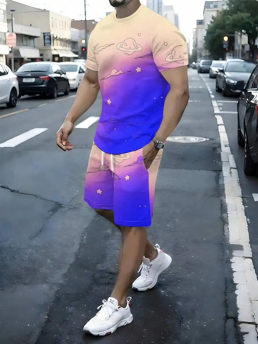 Mens Space Print Gradient T-Shirt And Shorts Set, Casual Sporty Outfit, Polyester With Stretch
Mens Space Print Gradient T-Shirt And Shorts Set, Casual Sporty Outfit, Polyester With Stretch