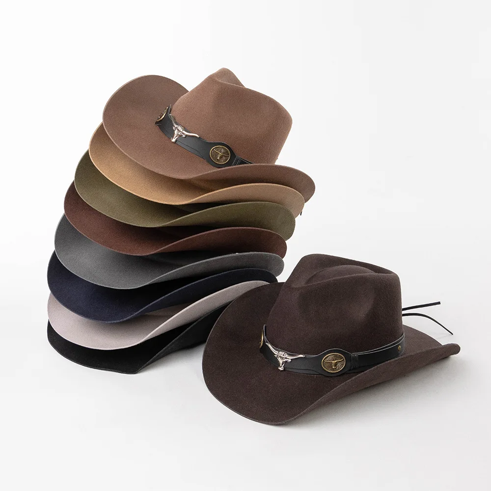 100% wool jazz top hat with bull head decoration wool curled brim wide brim fedora unisex western cowboy hat
100% wool jazz top hat with bull head decoration wool curled brim wide brim fedora unisex western cowboy hat