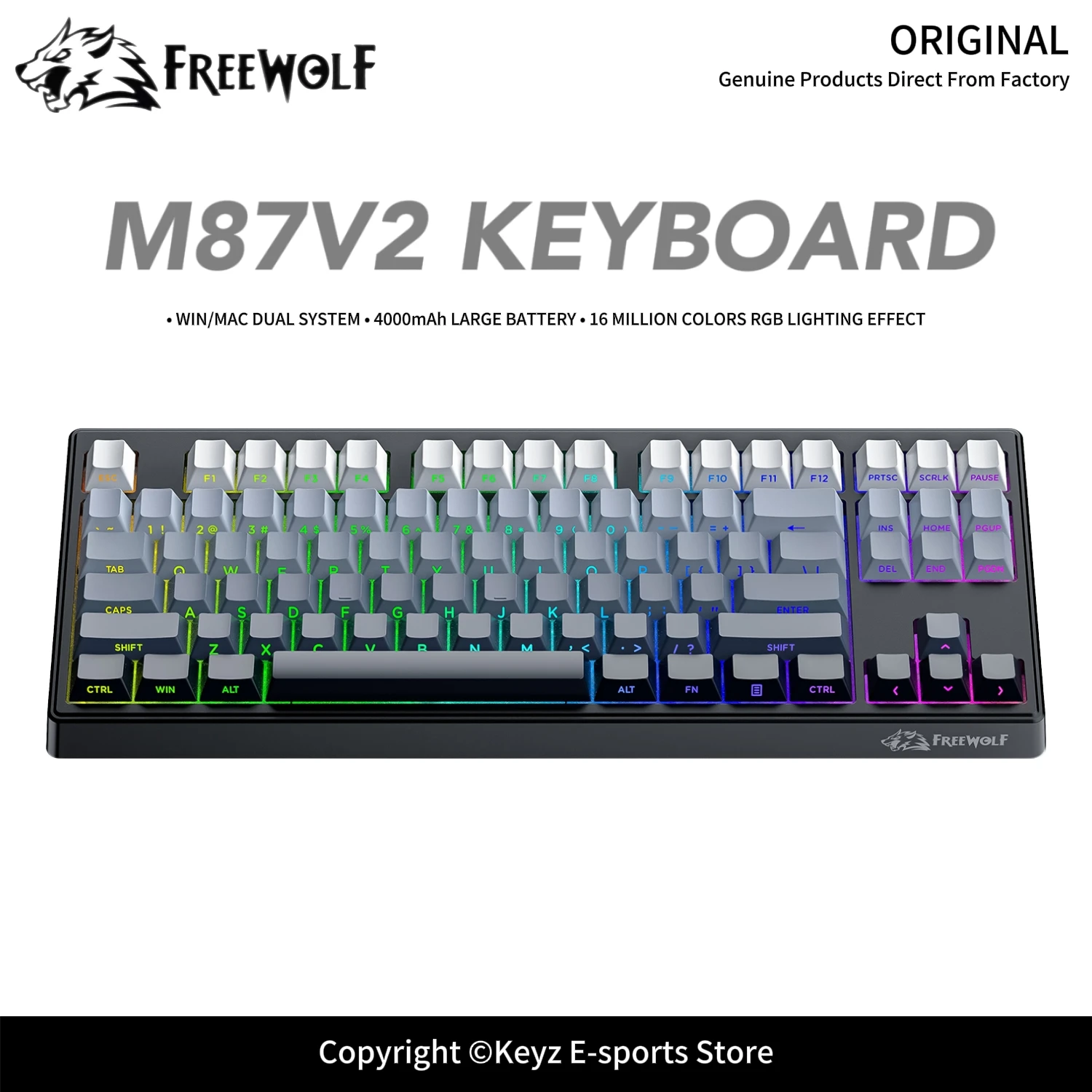 Tri-Mode Mechanical-Feel Keyboard FREEWOLF M87V2 with 4000mAh Battery 26-Key Anti-Ghosting RGB Wireless for E-Sports
Tri-Mode Mechanical-Feel Keyboard FREEWOLF M87V2 with 4000mAh Battery 26-Key Anti-Ghosting RGB Wireless for E-Sports