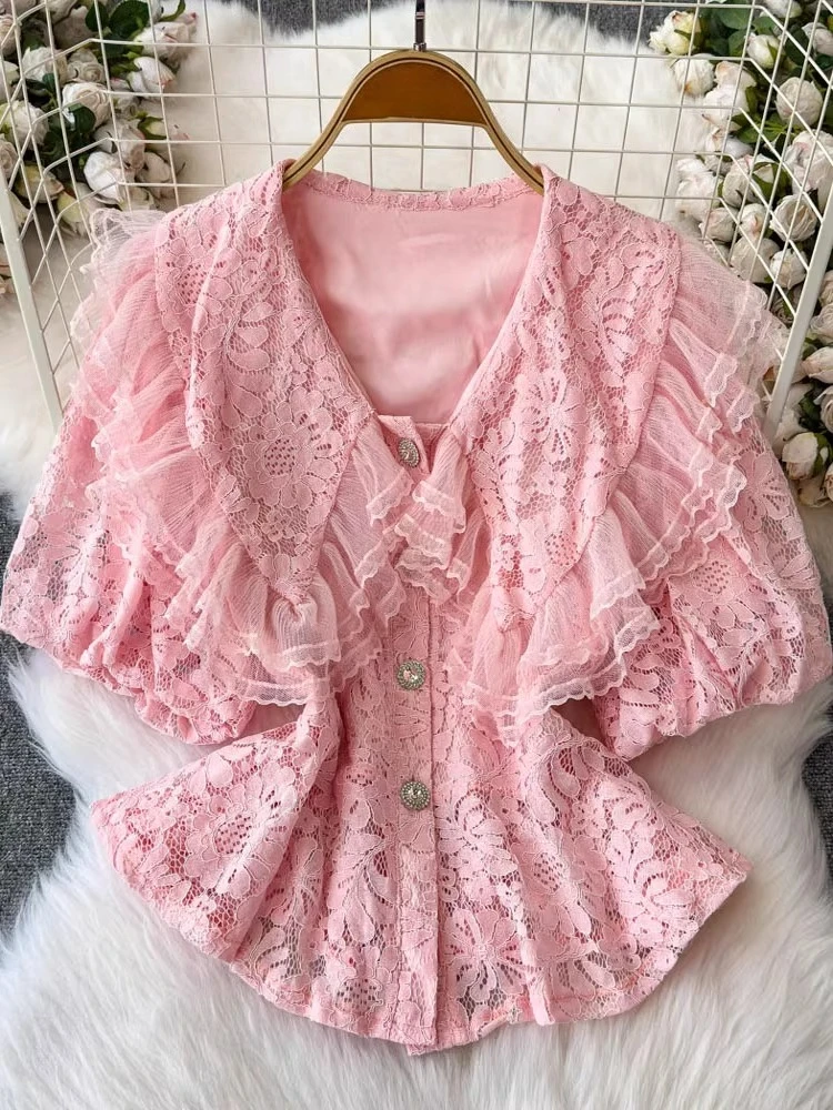 Fashion Sweet Shirts Peter Pan Collar Puff Sleeve Solid Color Single Breasted Ruffles Blouses Summer All Match Women's Clothing
Fashion Sweet Shirts Peter Pan Collar Puff Sleeve Solid Color Single Breasted Ruffles Blouses Summer All Match Women's Clothing