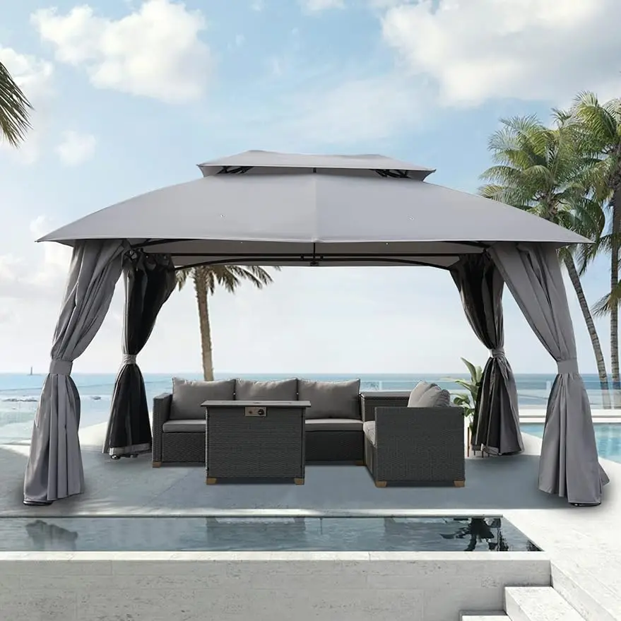 Gazebo Double Soft Top All-Weather Canopy Anti-UV Shelter with Privacy Curtains and Netting for Patio, Deck, Backyard, Garden
Gazebo Double Soft Top All-Weather Canopy Anti-UV Shelter with Privacy Curtains and Netting for Patio, Deck, Backyard, Garden