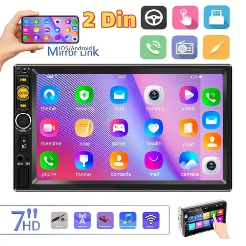 7-Inch Dual Din Car MP5 Player with HD Touch Screen, Wireless Audio, USB/FM Radio, TF Card Slot & Phone Charging - Fit