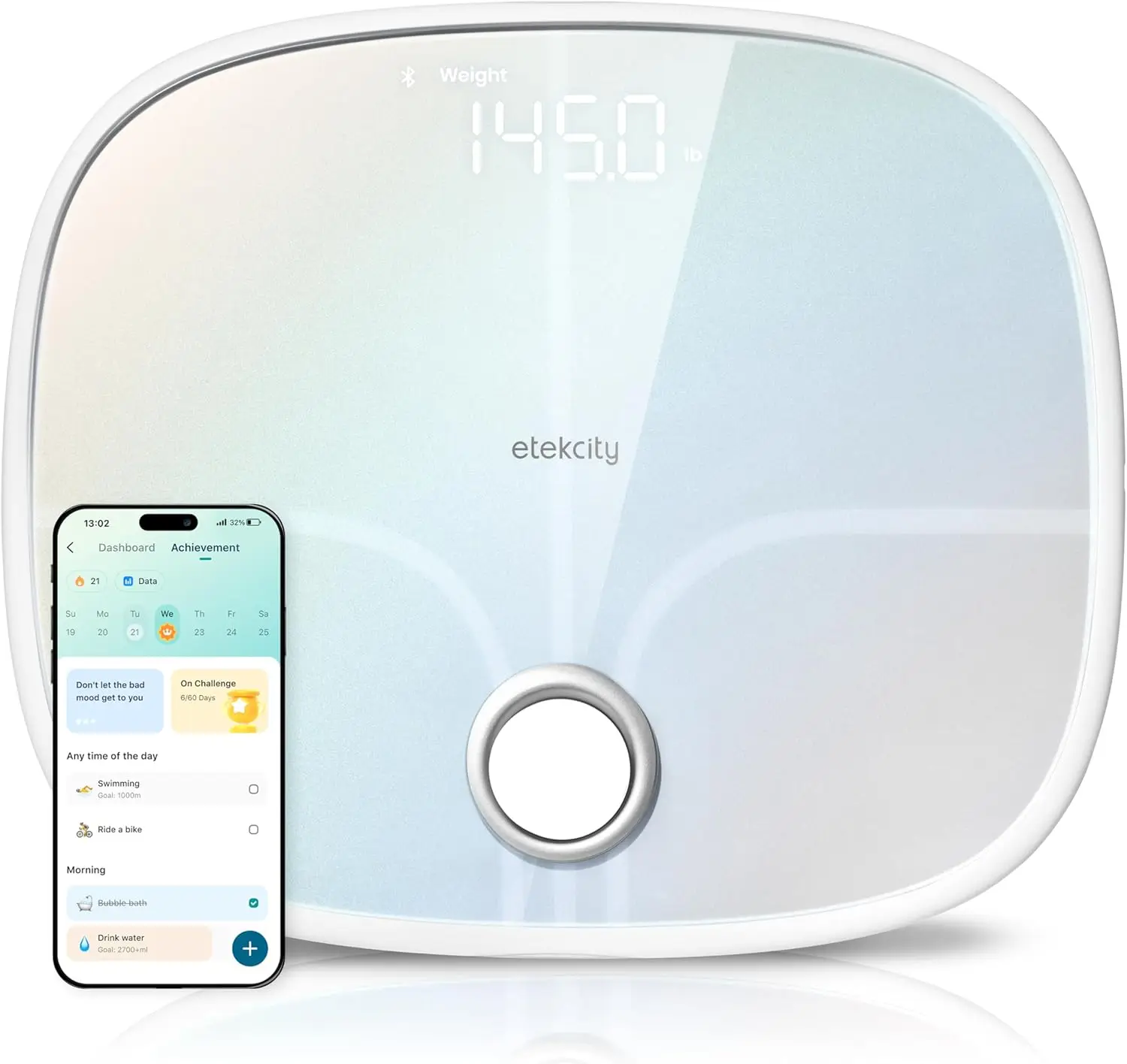 Smart Rechargeable Digital Bathroom Scale with 13 Body Metrics, Bluetooth App Sync, Secret Mode, Rainbow Finish
Smart Rechargeable Digital Bathroom Scale with 13 Body Metrics, Bluetooth App Sync, Secret Mode, Rainbow Finish