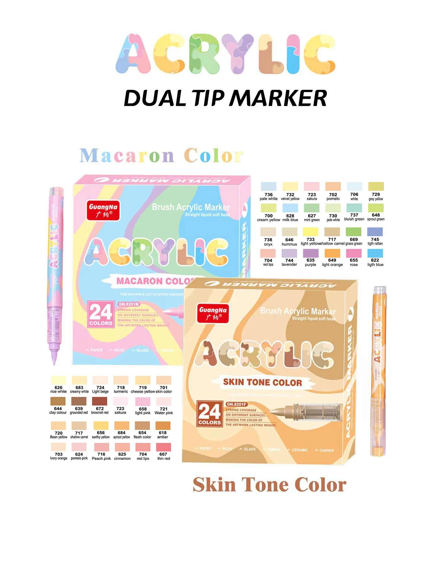 GuangNa 24 Colors Soft Brush Acrylic Marker Pen Set,Skin Tone, Macaron color,DIY Hand Drawn,Paint Art Markers pens,GN.8201F/M
GuangNa 24 Colors Soft Brush Acrylic Marker Pen Set,Skin Tone, Macaron color,DIY Hand Drawn,Paint Art Markers pens,GN.8201F/M