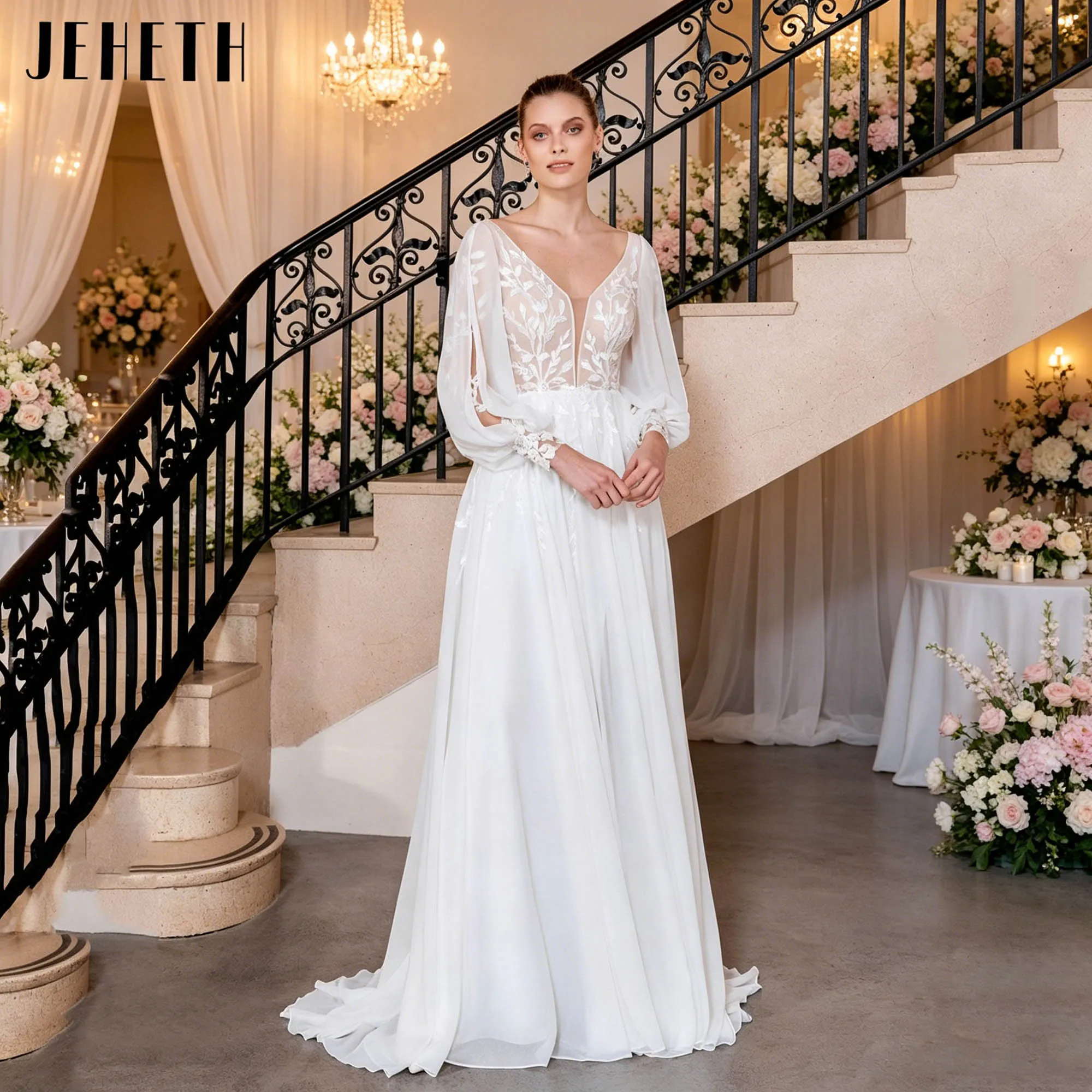 JEHETH Chiffon A-line Wedding Gown with Puff Sleeves V-neck Lightness Bridal Dress Elegant Appliques vestido de novia Customized
JEHETH Chiffon A-line Wedding Gown with Puff Sleeves V-neck Lightness Bridal Dress Elegant Appliques vestido de novia Customized