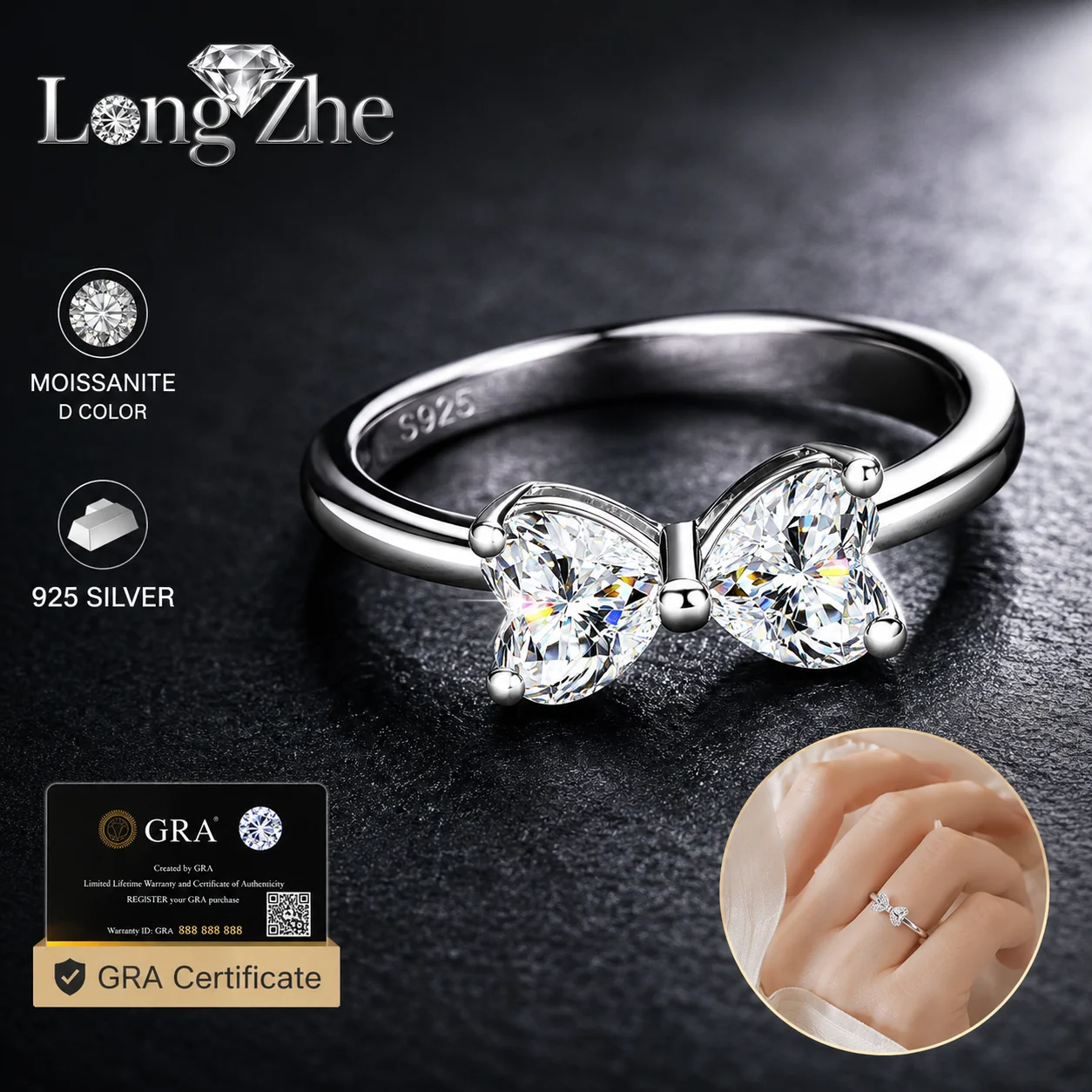 S925 Sterling Silver Moissanite Bowknot Ring 4.5mm Double Heart Cut White Gold Tone Romantic Daily Jewelry Gift for Women
S925 Sterling Silver Moissanite Bowknot Ring 4.5mm Double Heart Cut White Gold Tone Romantic Daily Jewelry Gift for Women