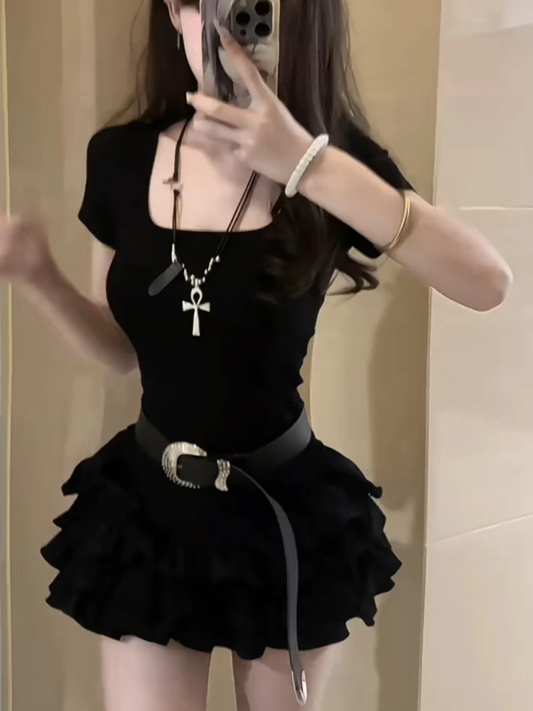 Sweet Cool Spicy Black Short Sleeve Top And Puffy Skirt Set Slimming Fashionable Youthful Polyester Two-Piece Ensemble
Sweet Cool Spicy Black Short Sleeve Top And Puffy Skirt Set Slimming Fashionable Youthful Polyester Two-Piece Ensemble