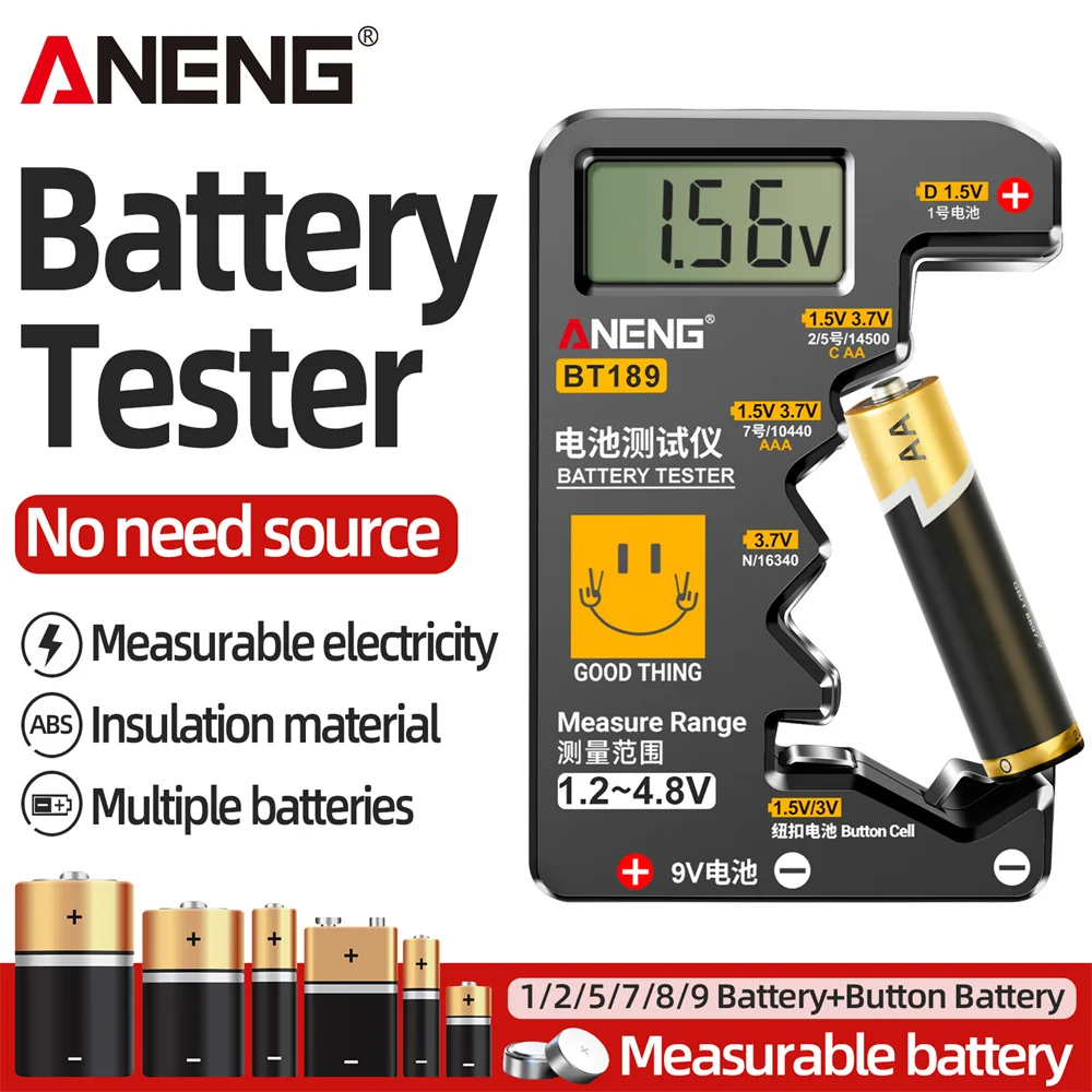 ANENG BT189 Battery Level Detector Digital Portable Display Test 9V AA AAA C D Button Cell Universal Power Instruments Test Tool
ANENG BT189 Battery Level Detector Digital Portable Display Test 9V AA AAA C D Button Cell Universal Power Instruments Test Tool