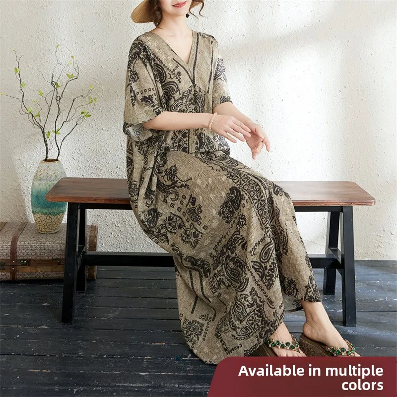 plus Size Loose Fit Short Sleeve V-Neck Cotton Linen Print Slimming Dress Women's City Walk Artistic Style Summer Long Dress
plus Size Loose Fit Short Sleeve V-Neck Cotton Linen Print Slimming Dress Women's City Walk Artistic Style Summer Long Dress
