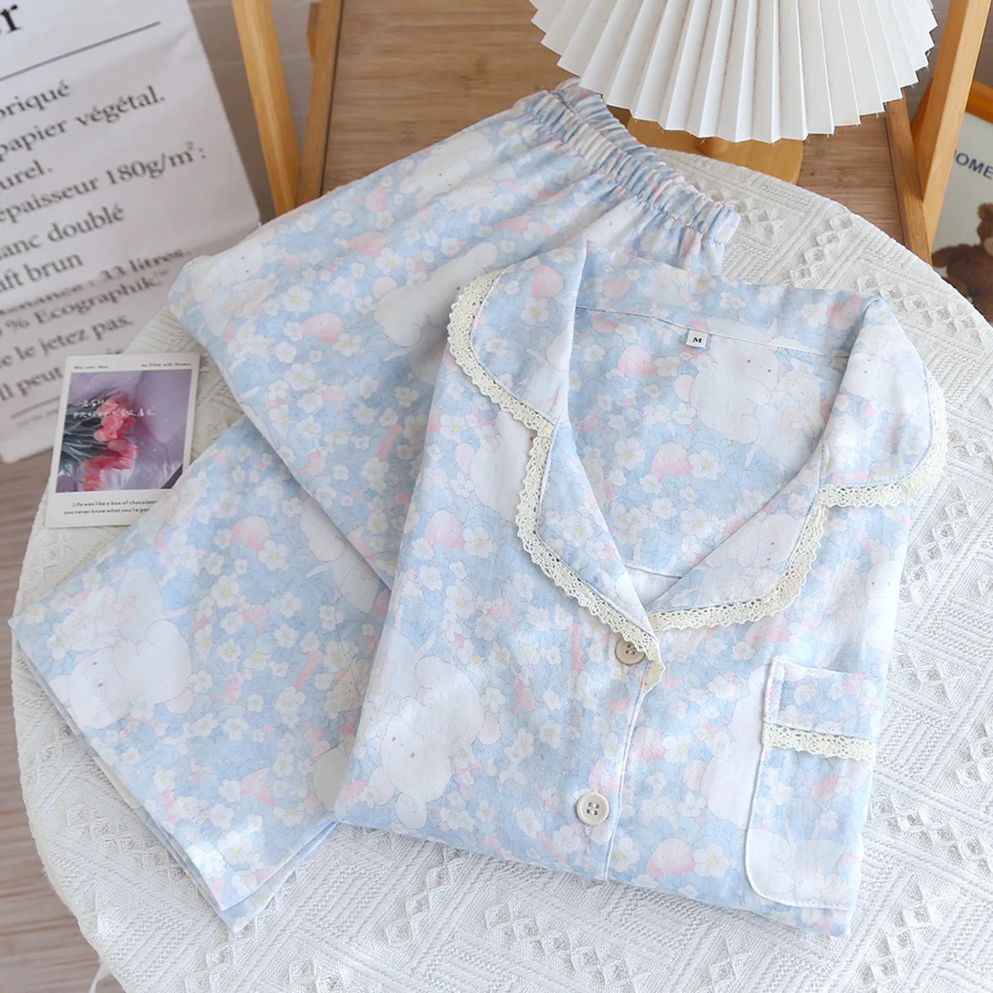 Women's Cotton Gauze Pajamas for Spring Cute and Sweet Lace Long Sleeve Long Pants Thin Sky Blue Color Home Wear Clothes
Women's Cotton Gauze Pajamas for Spring Cute and Sweet Lace Long Sleeve Long Pants Thin Sky Blue Color Home Wear Clothes